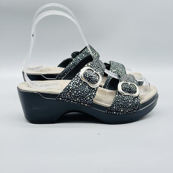 Dansko Sandals Womens 5 Black Leather Sophie Speckled Wedge Slide Buckle Strap - Picture 1 of 13